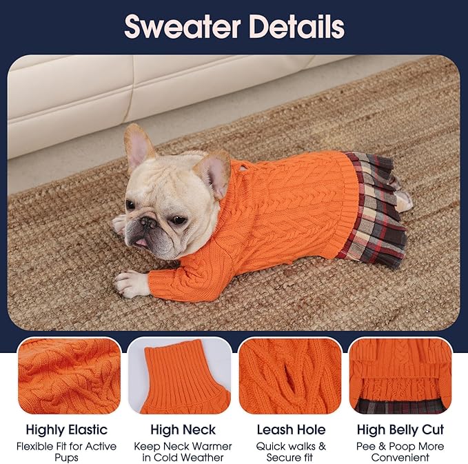 IECOii XL Dog Sweater Dress for Large Dogs Girl, Cable Knit Winter Dress for Female Dogs, Orange, XLarge, Soft Girl Dog Sweater with Tartan Plaid Skirt Cute Turtleneck Knitwear for Cold Weather