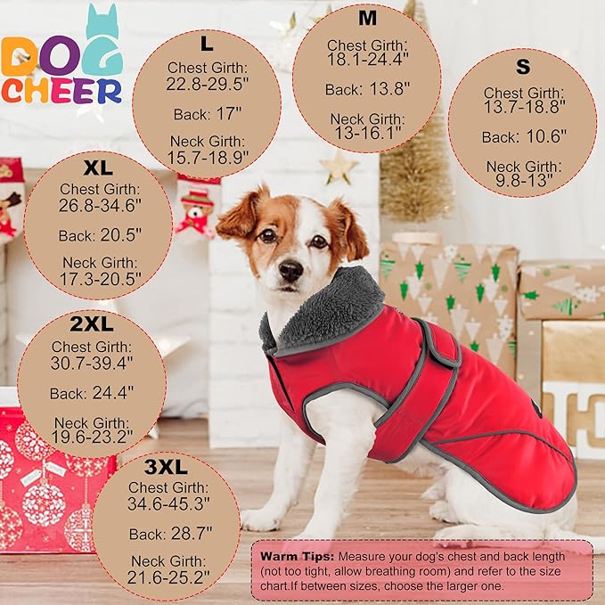 Dogcheer Dog Coat, Waterproof Dog Jacket Reflective Pet Winter Coat with Adjustable Hook & Loop, Christmas Puppy Fleece Jacket Warm Turtleneck Snowsuit for Small Medium Large Dogs - Red, XL