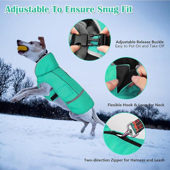 Dogcheer Warm Dog Coat, Waterproof Dog Jacket Christmas Puppy Winter Coat with Buckle, Reflective Adjustable Pet Snow Jacket Turtleneck Fleece Sweater for Small Medium Large Dogs - Pine Green, XL