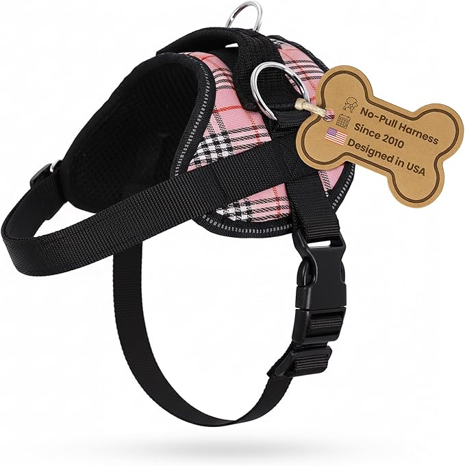 Bark Appeal Pink Plaid No-Pull Dog Harness for Extra Small Sized Pets – Adjustable, Reflective Vest with 3 Leash Clips for Added Control, Easy Walks & Training – XS