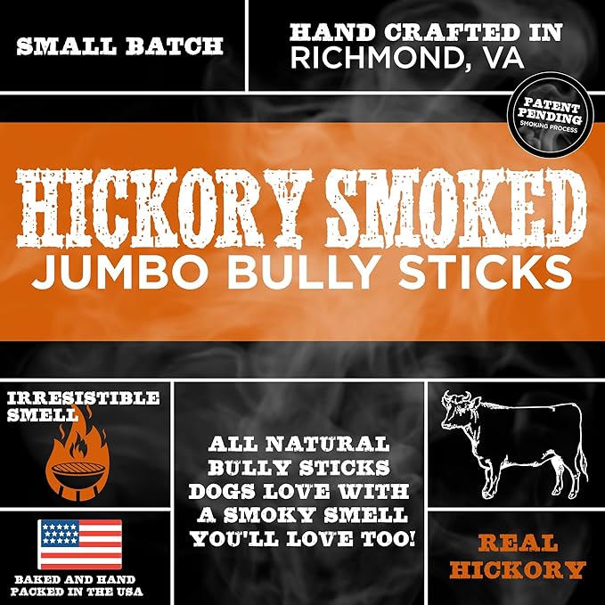 Best Bully Sticks Hickory Smoked Jumbo 6 Inch Bully Sticks - 12 Count (Pack of 1) - Natural, Grain and Odor-Free, Smoky Aroma, No Additives, Grass-Fed