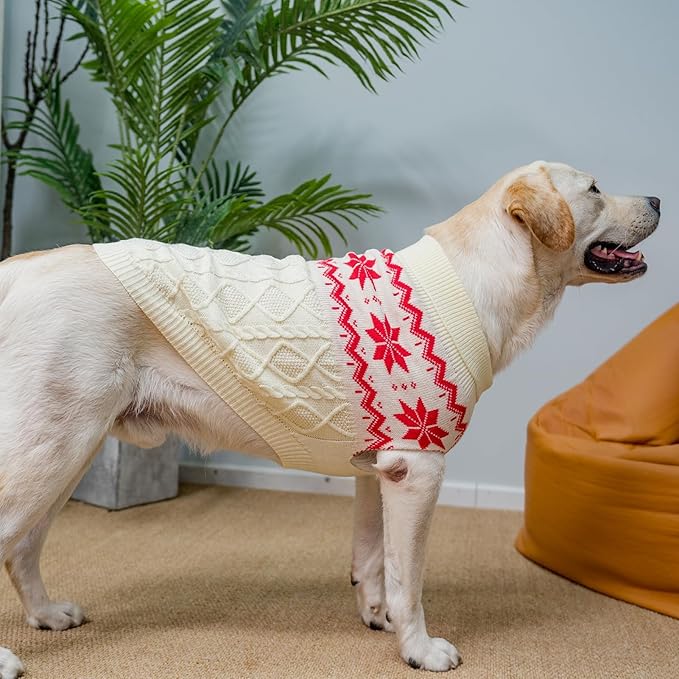 Warm Winter Pink Dog Sweater - Cold Weather Pet Clothes for Small Medium Large Dogs Indoor Outdoor, Soft Classic Knit Puppy Apparel Coat, White, ML