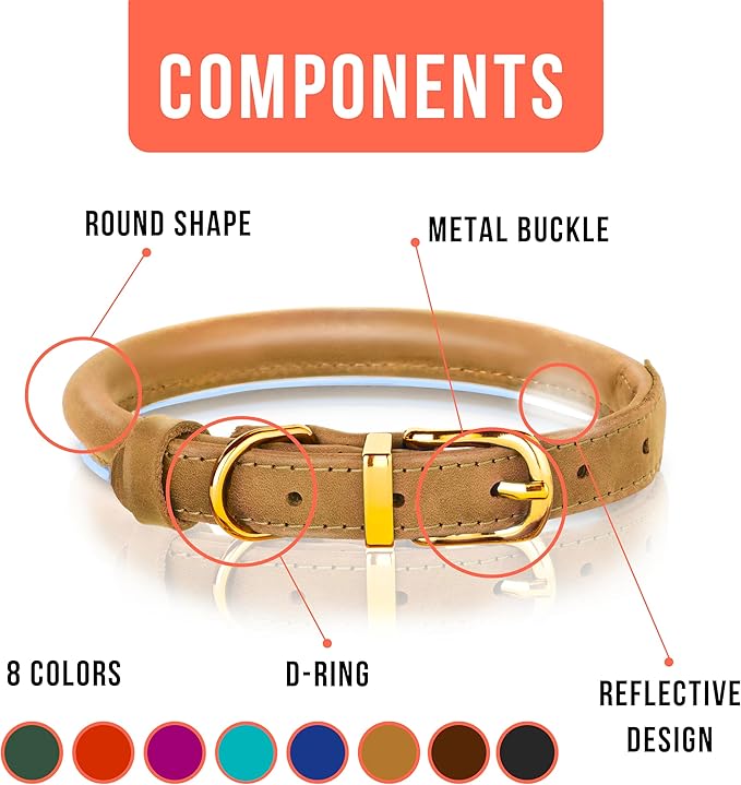 OOPSDOGGY Reflective Rolled Leather Dog Collar Adjustable Soft Padded Pet Collar for Small Medium Large Breed Dogs (Camel, XS, 8"-11")