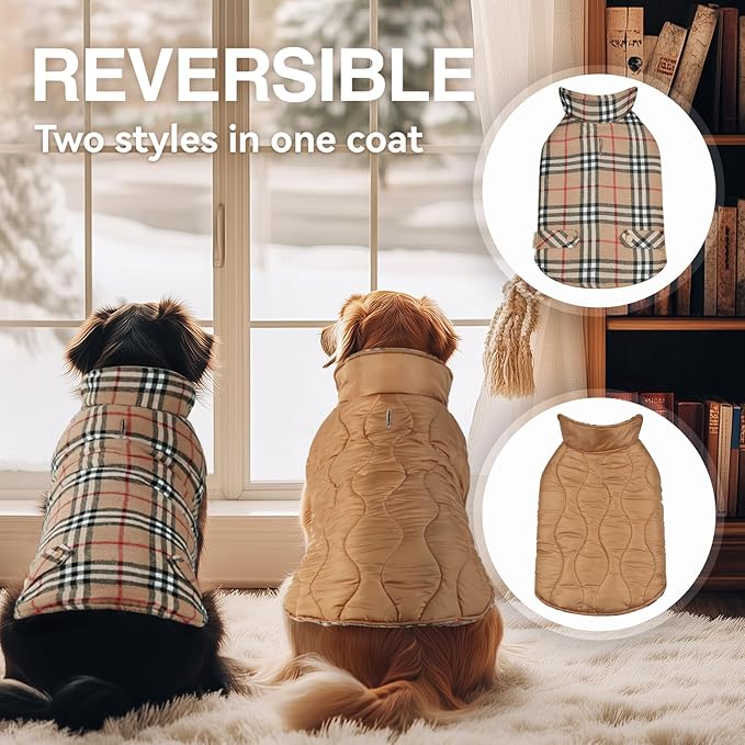 VIVAGLORY Softjoy Dog Coat, Dog Jacket for Winter & Christmas, Coat with Harness Hole & Velcro Closure, Reversible Plaid Checkered Warm Fluffy Heavy Duty for Puppy, XL, Khaki