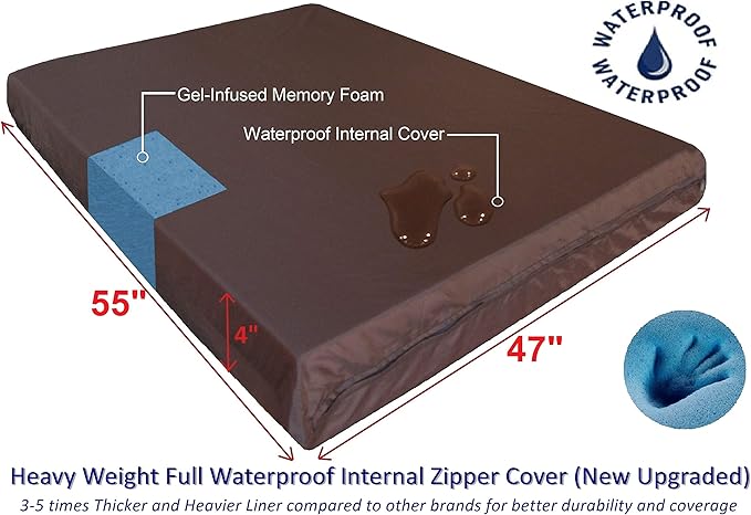 Dogbed4less Jumbo Orthopedic Cool Memory Foam Dog Bed for Extra Large Dogs with Durable Canvas Cover, Waterproof Liner and Extra Brown Microsuede Antislip Duvet, 55X47X4, Black