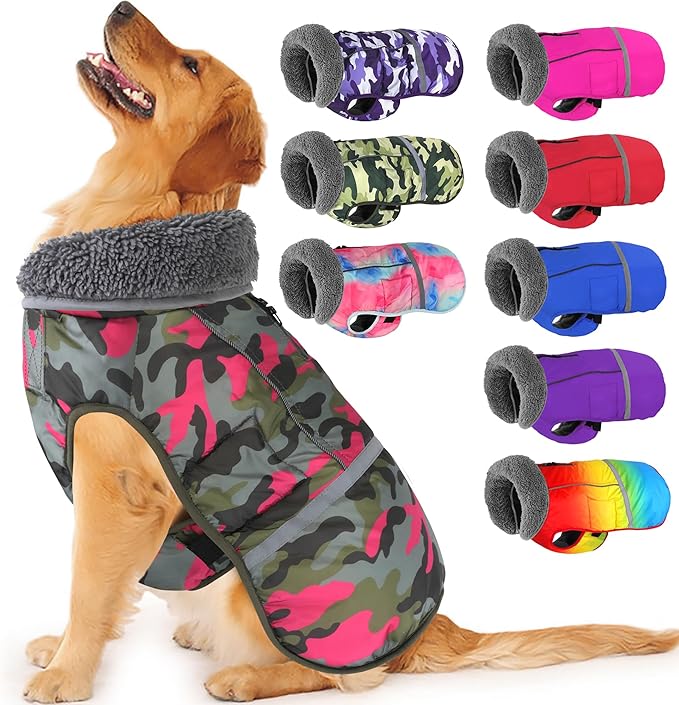 Dogcheer Warm Dog Coat, Waterproof Dog Jacket Reflective Adjustable Puppy Winter Coat with Buckle, Christmas Pet Snow Jacket Turtleneck Fleece Sweater for Small Medium Large Dogs - Camo Pink, M