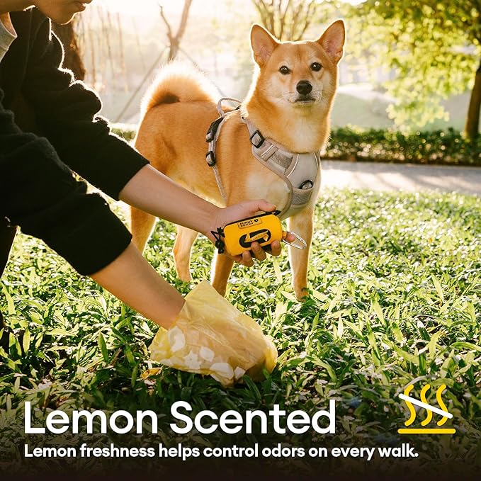 FUNNY FUZZY Dog Poop Bag Holder with Tear-Resistant, Leakproof Waste Bags Made with EPI Material – Easy to Use for Walks or Travel, Lemon Scented, 1 Dispenser + 120 Count