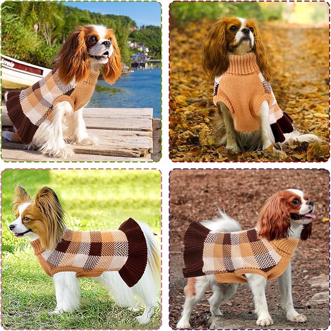 Dog Sweater Dress Plaid Knitwear for Small Medium Dogs Warm Puppy Pet Turtleneck Stretch Pullover Cute Fall Winter Vest Clothes with Leash Hole for Christmas (Coffee, M)