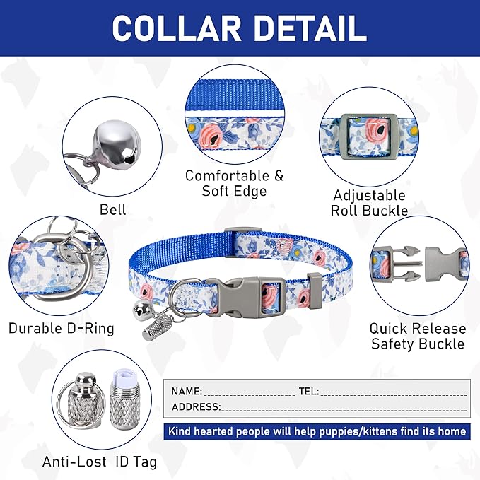 GAMUDA Small Dog Harness Collar and Leash Set, Step in No Chock No Pull Soft Mesh Adjustable Dog Vest Harnesses Plaid Reflective for Dogs Puppy Cats Kitten Rabbit (Blue Flower, S)