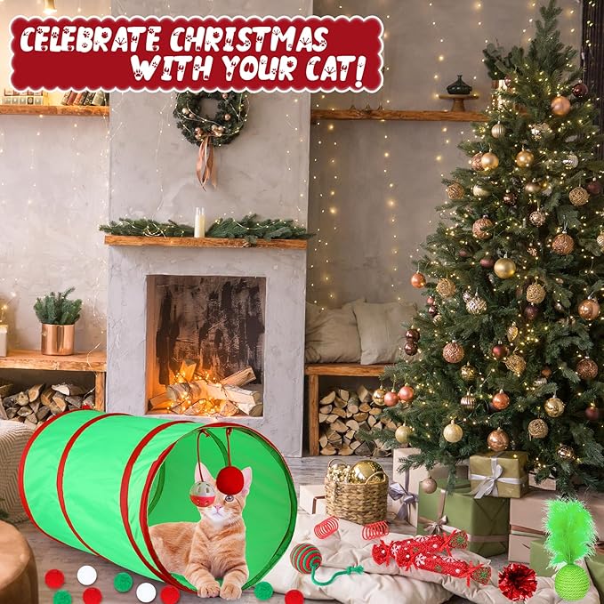 24 Pcs Cat Toys Set Interactive Kitten Toys Pack Including Collapsible Play Tunnel Feather Teaser Wand Fuzzy Ball Springs Pillow Mouse Bells for Indoor Cats Puppy (Green Red,Christmas)