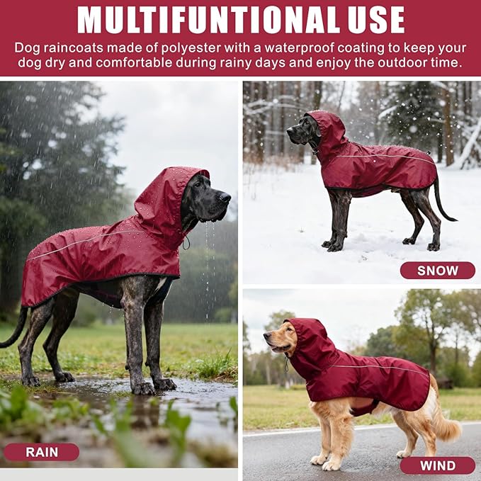 Mosucoirl Dog Raincoat Jacket Reflective Adjustable Hooded Pet Poncho Rain Coats with Leash Hole Waterproof Clothes for Small Medium Large Dogs (Red, L)