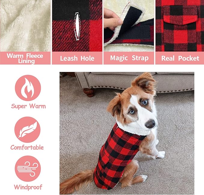 Malier Dog Winter Coat, Classic Plaid Fleece Dog Cold Weather Coats Pet Jacket with Pocket, Windprood Warm Coat Vest Pet Clothes Apparel for Small Medium Large Dogs (Red, Large)