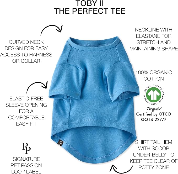 Toby II - The Perfect Tee, 8 Pack Short Sleeve Pet T-Shirt 100% Organic Cotton Tees Clothes for Small, Medium, Large Dogs, Rainbow Blue, Small