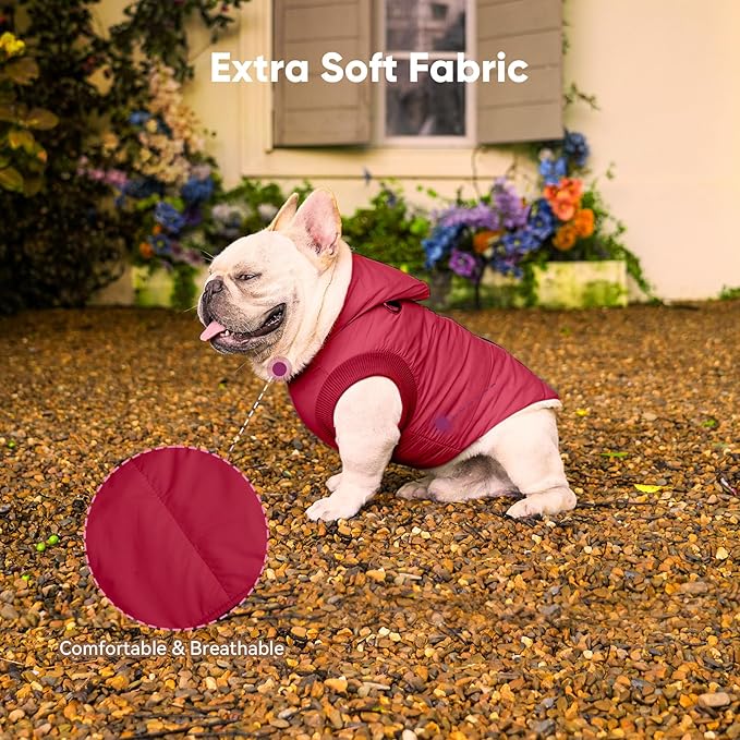 Fleece Lining Dog Hoodie with Harness Built in,Extra Warm Small Dog Jacket in Winter Puppy Coats with Hooded,Red XS
