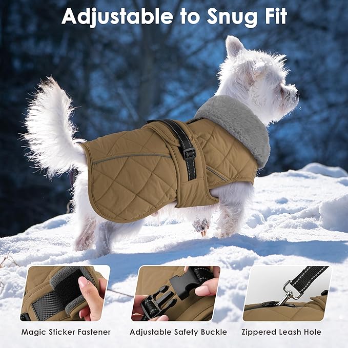 Dog Coat, Waterproof Dog Winter Jacket with Adjustable Buckle, Reflective Turtleneck Pet Snow Vest Warm Fleece Sweater for Small Medium Large Dogs - Khaki, XL