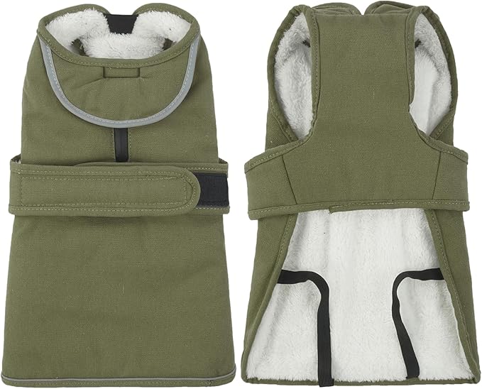 Kuoser Canvas Dog Coat, Warm Dog Jacket Reflective Fleece Pet Cold Weather Coat, Warm Doggie Clothes Waterproof Winter Vest with Zipper Leash Hole for Small Medium Large Dogs, Army Green 3XL