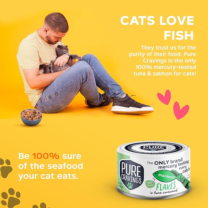 Pure Cravings Mackerel Flakes in Tuna Consommé, Canned Wet Cat Food Soup, 100% Mercury-Tested, Moist Can Fish, Grain-Free Protein, Non-GMO, 3oz, Pack of 12