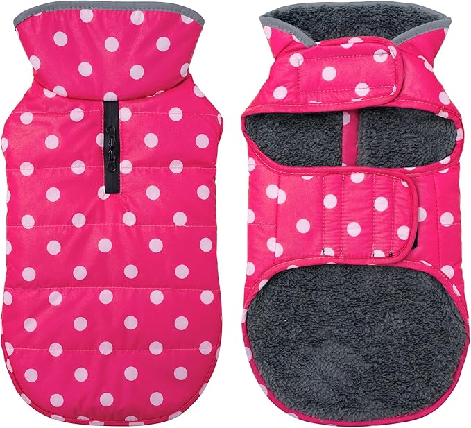 Dog Winter Coat, Waterproof Dog Jacket with Leash Hole, Reflective Adjustable Pet Snow Vest, Warm Fleece Sweater for Small Medium Large Dogs - Pink Polka Dot, 3XL
