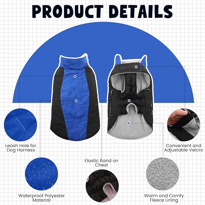 Warm Dog Coat,Waterproof Jacket in Winter Adjustable and Reversible Doggy Fleece Outfit,Thick Clothes with Foldable Collar for Puppy in Cold Days,L RoyalBlue