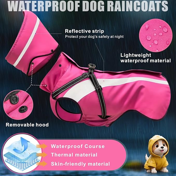 Mosucoirl Dog Raincoat Waterproof Raincoats for Dog Reflective Dogs Rain Jackets with Hood Hoodie Pet Rain Poncho Coat for Small Medium Large Dogs Puppies S-XXL (Pink, XL)