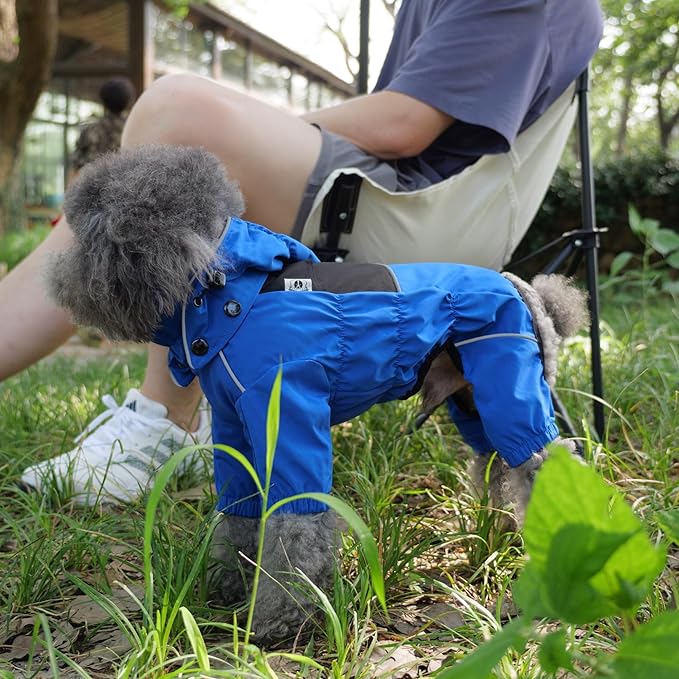 LOVELONGLONG Waterproof Dog Raincoat with Removable Hood – Outdoor Full Body Dog Jacket, Windproof Snowproof Shell Suit – All Season Pet Rain Gear Blue L
