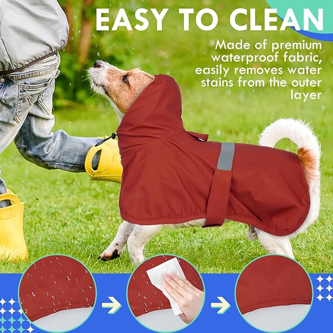 MIGOHI Reflective Dog Raincoat for Small Dogs, Red, S - Waterproof Adjustable Hooded Dog Poncho, Rain Jacket with Leash Hole, Easy Clean, Rainy Outdoor Walking