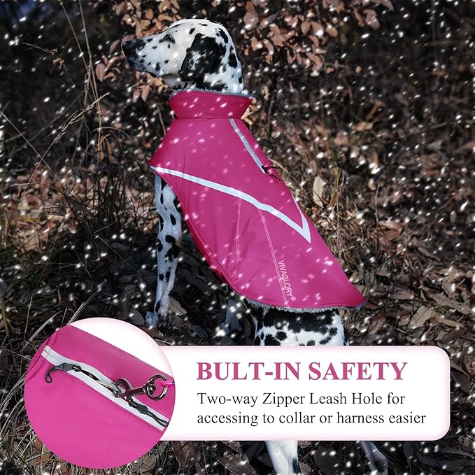 VIVAGLORY Snowrap Dog Coat, Jacket with Harness Hole & Velcro Closure, Dog Coat for Winter & Cold Weather, Fluffy Warm Fleece Lined Reflective Water Resistant for Puppy, XL, Fuchsia