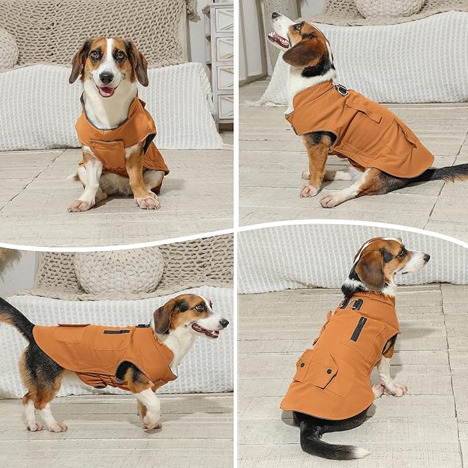 Workwear Style Dog Coats with Harness Built in for Small Dogs Windproof Warm Puppy Jacket with Storage Pockets for Cold Winter,BrightBeige XXXL