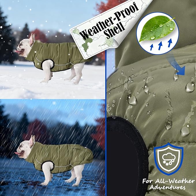 Dog Winter Jacket Waterproof, Reflective Fleece Lined Dog Coats for Small Medium Large Dogs, Warm Snow Coat for Dogs, Insulated Cold Weather Dogs Puffer Jackets with Leash Hole, Olive, M