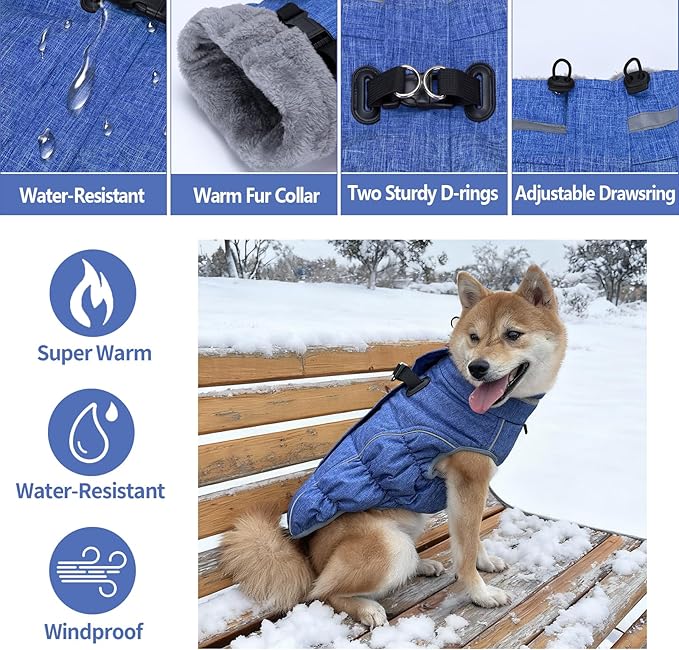 Malier Dog Coat, Reflective Dog Jacket Waterproof Windproof Puppy Cold Weather Coats with Harness Built in, Winter Extra Warm Pet Coat Fleece Vest for Small Large Pets and Puppy (Blue, X-Small)