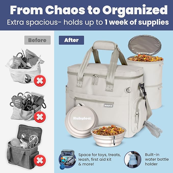 The Original Doggy Bag™ - Complete Dog Travel Bowl Bag for Supplies with 2 BPA-Free Travel Dog Bowls & 2 Food Containers - Traveling Kit for Road Trips, Camping, Weekend Away or Doggy Gift - Beige