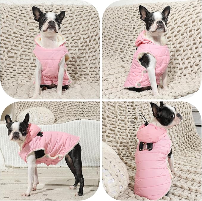 Fleece Lining Dog Hoodie with Harness Built in,Extra Warm Medium Dog Jacket in Winter Doggie Coats with Drawstring Hooded,Light Pink L