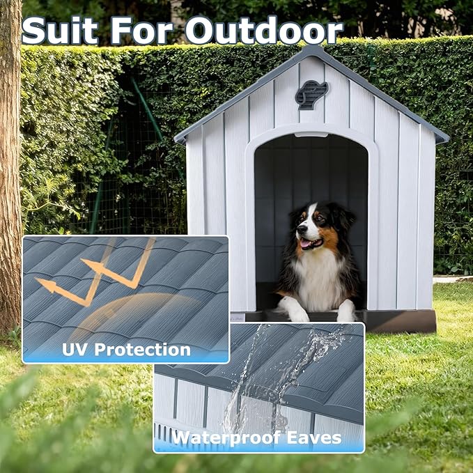LEMBERI Large Plastic Dog House for Medium Large Dogs, Durable Waterproof Indoor Outdoor Doghouse with Air Vents and Elevated Floor, Easy to Assemble (Gray, 33.5" L x 31.5" W x 33.9" H)