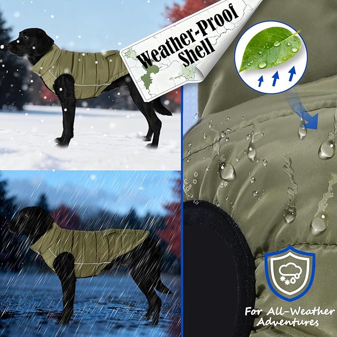 Dog Winter Jacket Waterproof, Reflective Fleece Lined Dog Coats for Small Medium Large Dogs, Warm Snow Coat for Dogs, Insulated Cold Weather Dogs Puffer Jackets with Leash Hole, Olive, 3XL