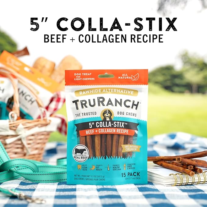 TRURANCH Collagen Sticks - 5" Collagen Sticks for Dogs - Long Lasting Healthy Joint Support - Rawhide Alternative - Skin & Coat Health - Made with Real Beef, Value Pack, 3 Bags, 45 Count
