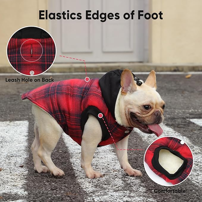 Fleece Lining Dog Hoodie for Small Dogs Extra Warm Plaid Sweater with Drawstring Hooded Coats in Winter Puppy Jacket,Red XS