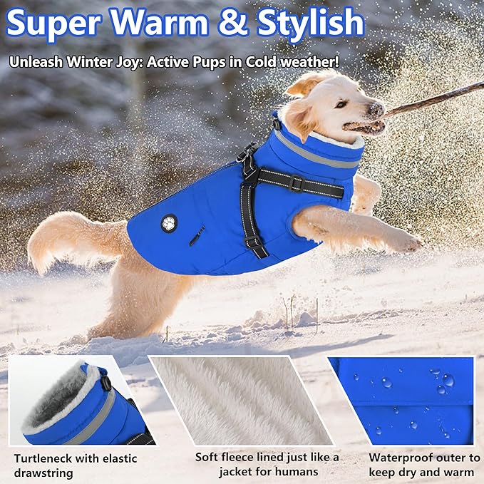 Dogcheer Dog Coat, Waterproof Dog Winter Jacket with Harness, Reflective Adjustable Doggy Cold Weather Coats, Christmas Pet Fleece Snowsuit for Small Medium Large Dogs - Blue, XL