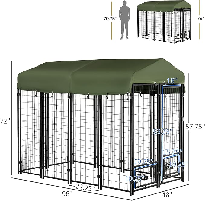 PawHut 8' x 4' x 6' Dog Kennel Outside, Welded Wire Outdoor Dog Kennel Run with 360° Rotating Bowls, Waterproof & UV Resistant Cover, for S&M&L Breeds, Chickens, Ducks, Green