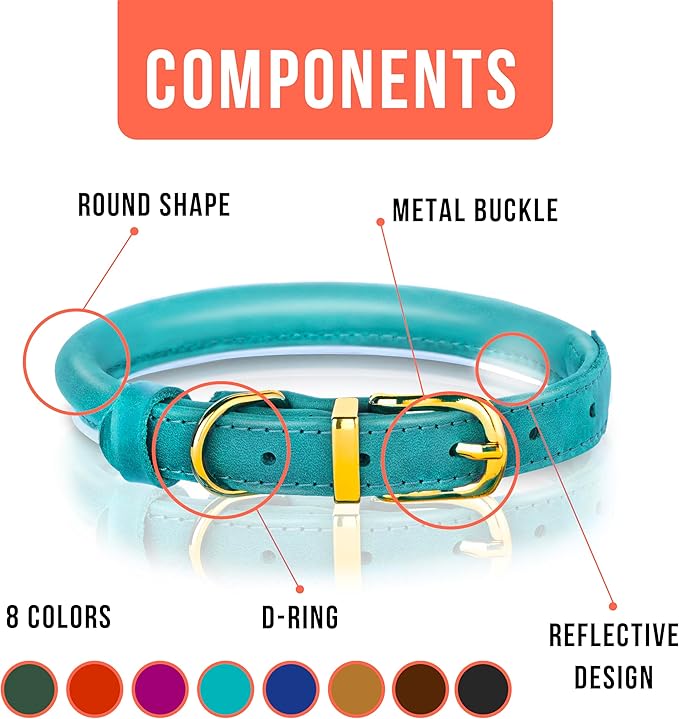 OOPSDOGGY Reflective Rolled Leather Dog Collar Adjustable Soft Padded Pet Collar for Small Medium Large Breed Dogs (Teal, XXS, 7"-9")