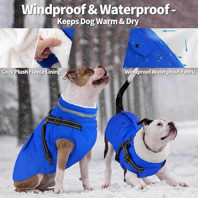 Dogcheer Dog Coat with Harness, Waterproof Warm Dog Winter Jacket with Pockets, Reflective Pet Fleece Jacket Turtleneck Snowsuit for Small Medium Large Dogs - Blue, M