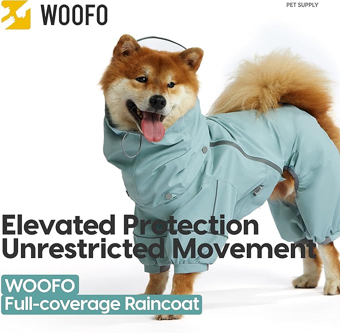 WOOFO Full-Coverage Dog Raincoat, Lightweight, Comfortable, Adjustable & Easy to Wear Dog Rain Jacket, Detachable Cap, Reflective Strip (Grey, ML)
