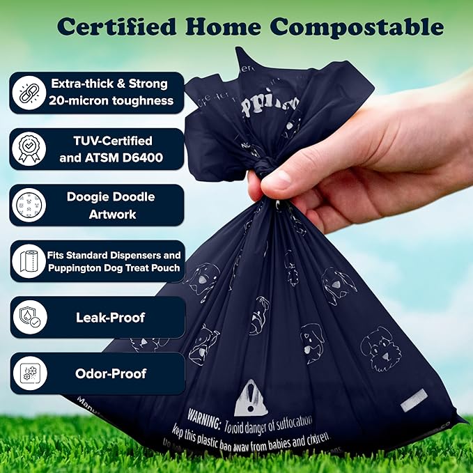 Puppington Certified Home Compostable Poop Bags - ASTM D6400 Compliant - 180 Extra Thick Bags - Plant Based - Pairs with Puppington 3-in-1 Bag & Fits all Standard Poop Bag Dispensers (Navy Blue)