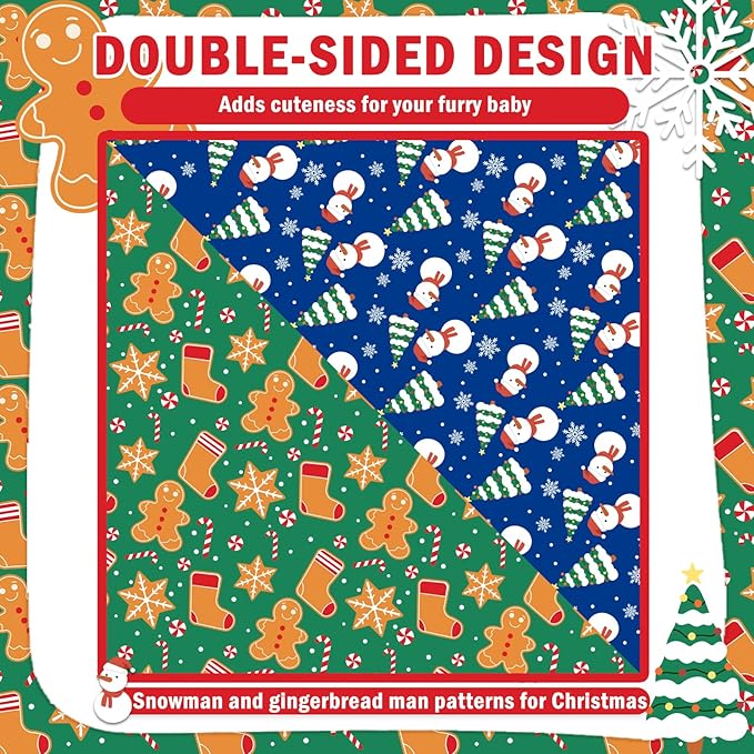 SCENEREAL Christmas Dog Bandanas 2 Pack, Puppy Snowman Xmas Triangle Bibs Handkerchief, Reversible Holiday Dog Bandana for Boy and Girl, Premium Pet Scarf for Small Medium Large Dogs L