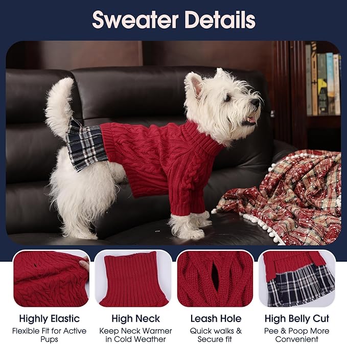 IECOii XL Dog Sweater Dress for Large Dogs Girl, Cable Knit Winter Dress for Female Dogs, Red,XLarge, Soft Girl Dog Sweater with Tartan Plaid Skirt Cute Turtleneck Knitwear for Cold Weather