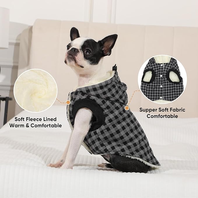 Fleece Lining Dog Hoodie for Medium Dogs Extra Warm Plaid Sweater with Drawstring Hooded Coats in Winter Doggie Jacket,Black L
