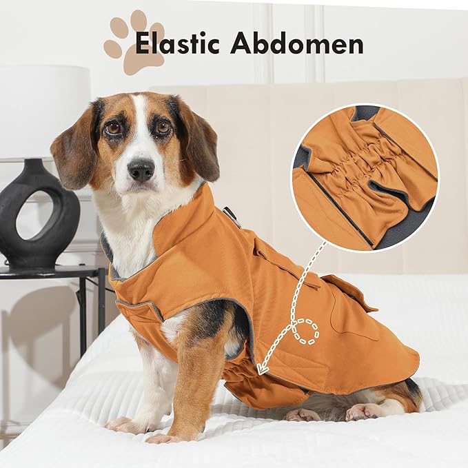 Workwear Style Dog Coats with Harness Built in for Small Dogs Windproof Warm Puppy Jacket with Storage Pockets for Cold Winter,BrightBeige XXL