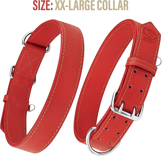 Riparo Dog Collar - Genuine Leather Dog Collars - Heavy Duty Dog Collars for Medium Large and Extra Large Dog Breeds (M: 1” Wide for 14” - 18” Neck, Red)