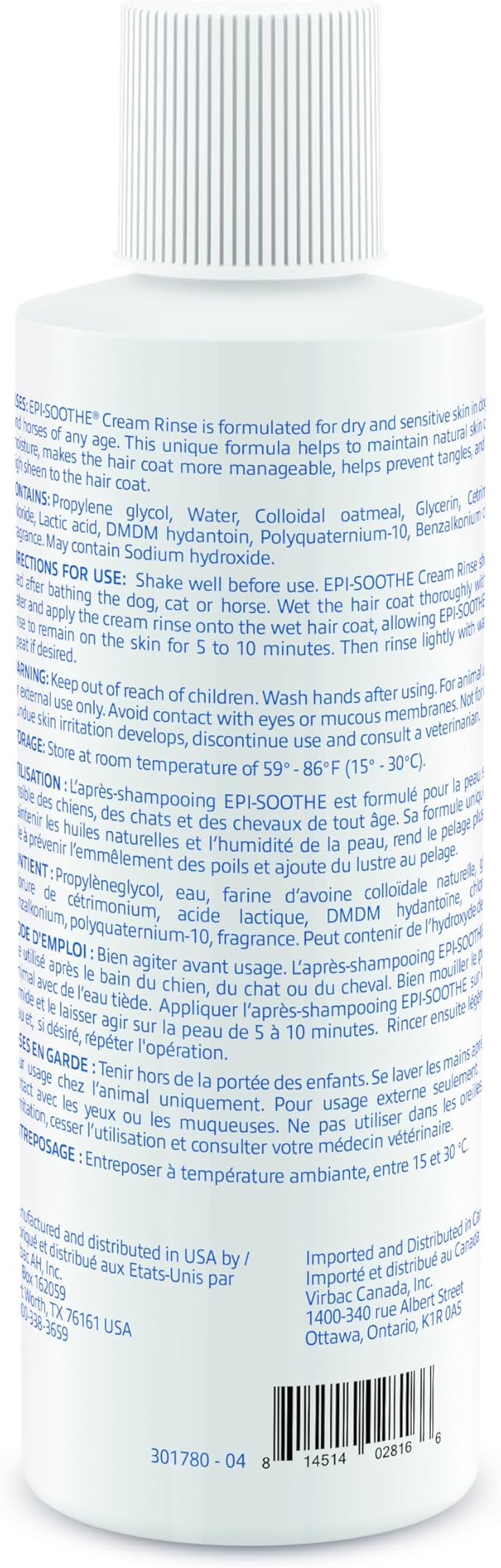 Virbac Epi-Soothe Cream Rinse Pet Conditioner For Dogs, Cats & Horses (16 oz) - For Dry or Sensitive Skin