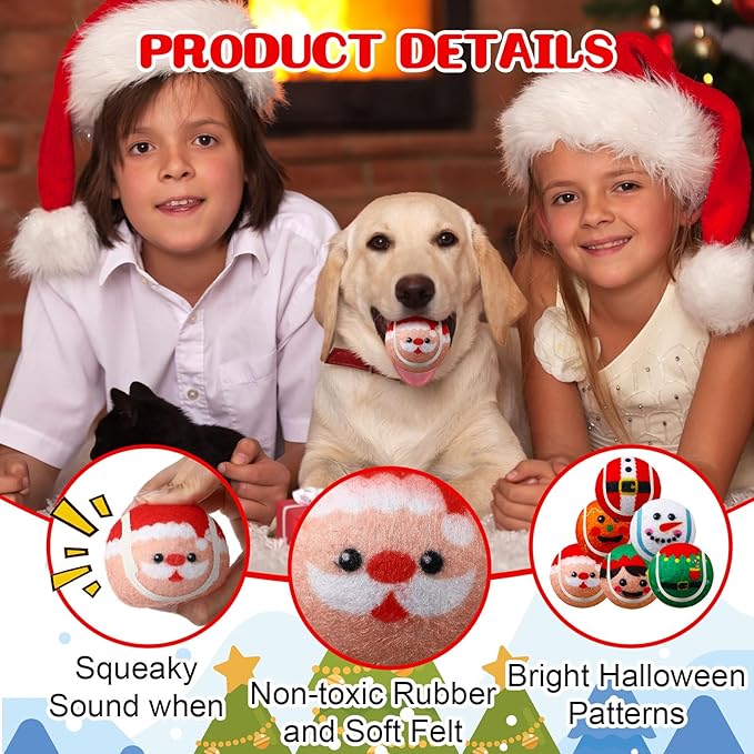 Civaner 6 Pcs Christmas Squeaky Tennis Balls for Dogs 2.5 Inch Bulk Dog Toys Ball for Small Medium Large Dogs Puppy Chew Teething Toy Interactive Training Xmas Gifts Stocking Stuffers (Santa)