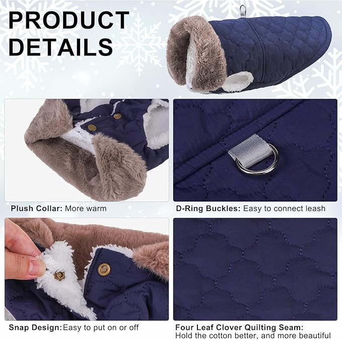 BEAUTYZOO Winter Dog Coat with Harness Built in, Warm Dog Puffer Jacket Vest Padded Fleece Cold Weather Coats Windproof Waterproof Snow Jackets Clothes for Small Medium Puppy, Blue XS